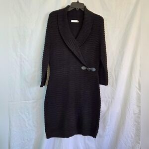 Calvin Klein Womens Preppy Black Knit Textured 3/4 Sleeve Career Sweater Dress L